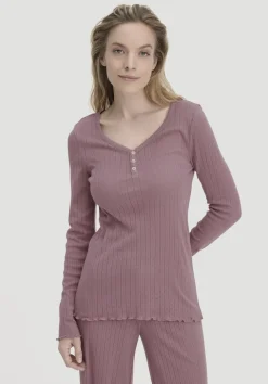 hessnatur Pointelle Henley Schlafshirt PURE COTTON aus reiner Bio-Baumwolle von|Damen Nachtwäsche|Nachtwäsche